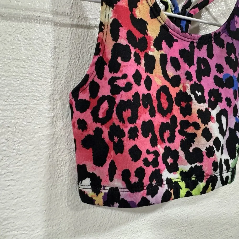 Rainbow Leopard Print Sports Bra Crop Top Criss Cross Back Athletic Neon